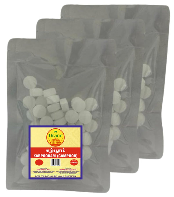 SPR Divine - Pure Camphor Pouch for Puja, Meditation, Spirituality & Other Religious Rituals – 40g|Refreshing Fragrance| Aromatic Kapooram Tablets -Shape - IDLI (Pack of 3)