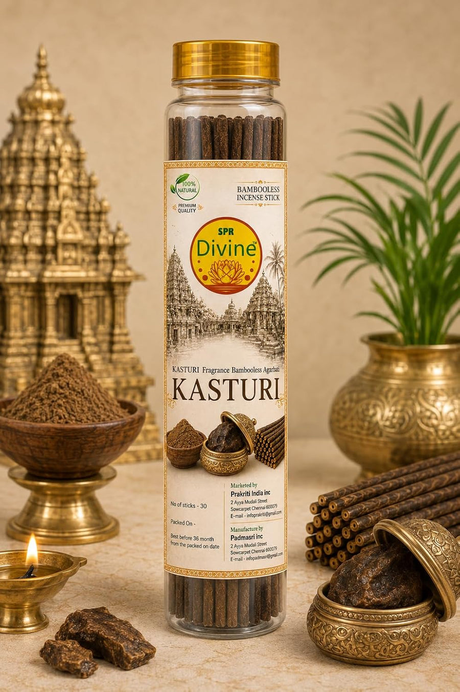 SPR Divine - Kasturi Fragrance Bambooless Incense Sticks | Premium Kasturi Musk Agarbatti for Pooja, Prayer, Meditation & Home | 30 Sticks