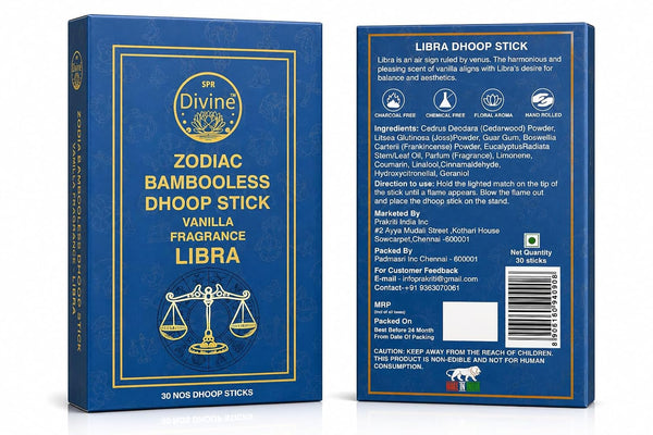 SPR Divine - Zodiac Bambooless Dhoop Stick – Libra | Vanilla Fragrance | 30 Sticks + 3 ml Vanilla Attar | Premium Dhoop for Pooja, Meditation, Yoga, Home & Office | Made in Bharat