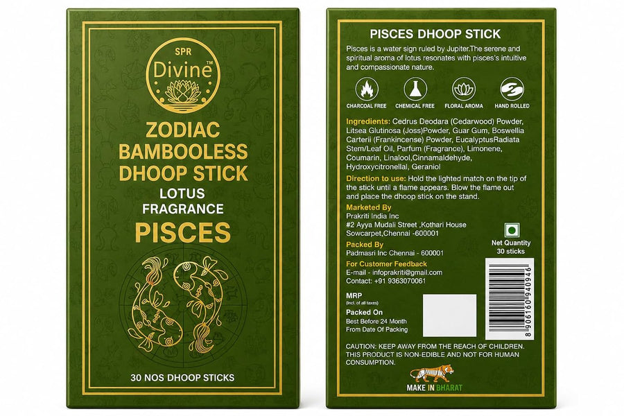 SPR Divine - Zodiac Pisces Bambooless Dhoop Stick | Lotus Fragrance | Charcoal Free, Hand Rolled Dhoop Batti for Pooja, Meditation & Home | 30 Sticks
