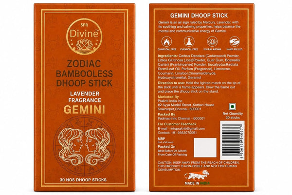SPR Divine - Zodiac Gemini Bambooless Dhoop Stick | Lavender Fragrance | Charcoal Free, Hand Rolled Dhoop Batti for Pooja, Meditation & Home | 30 Sticks