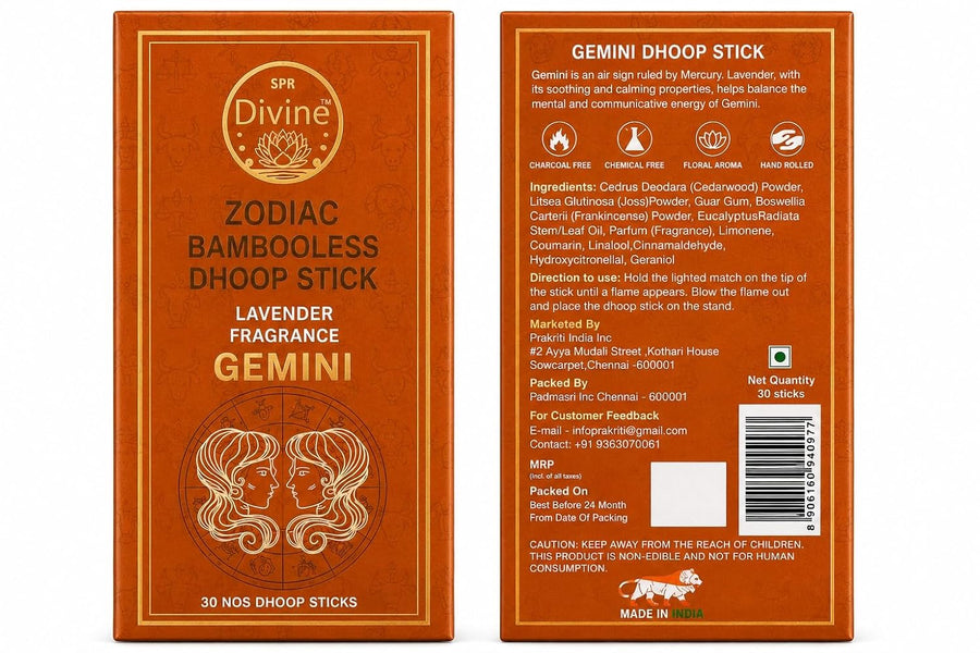 SPR Divine - Zodiac Gemini Bambooless Dhoop Stick | Lavender Fragrance | Charcoal Free, Hand Rolled Dhoop Batti for Pooja, Meditation & Home | 30 Sticks