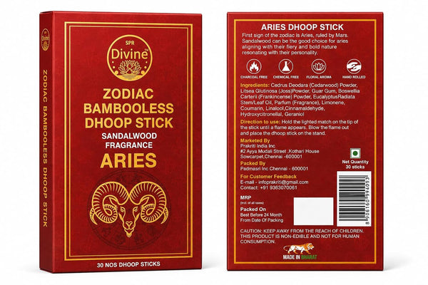 SPR Divine - Zodiac Aries Bambooless Dhoop Stick | Sandalwood Fragrance | Charcoal Free, Hand Rolled Dhoop Batti for Pooja, Meditation & Home | 30 Sticks
