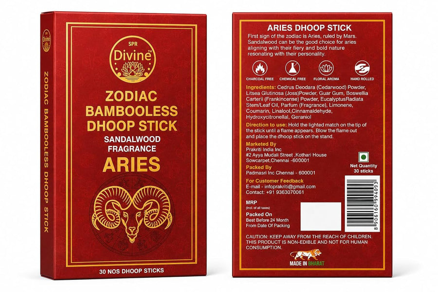 SPR Divine - Zodiac Aries Bambooless Dhoop Stick | Sandalwood Fragrance | Charcoal Free, Hand Rolled Dhoop Batti for Pooja, Meditation & Home | 30 Sticks
