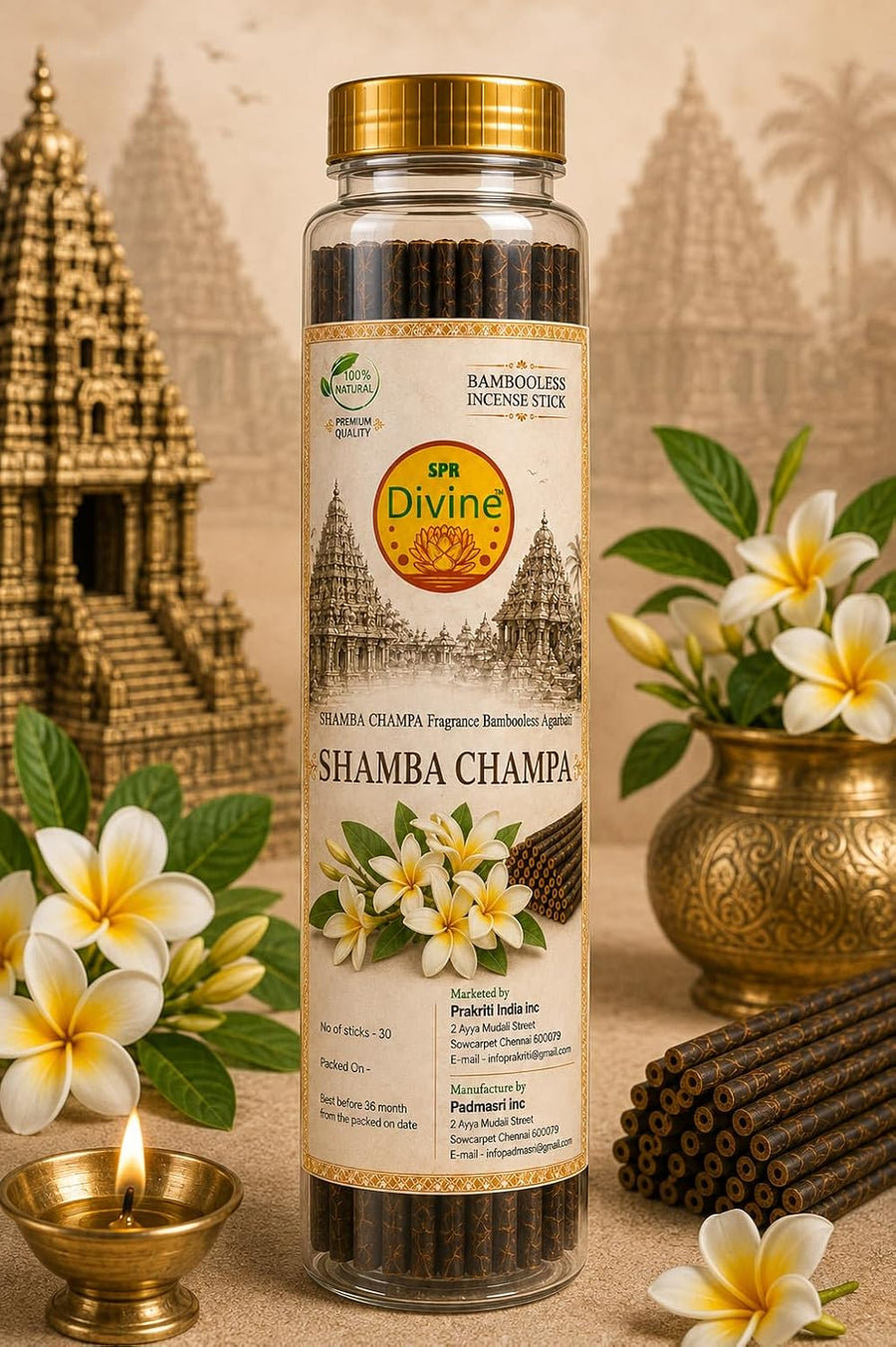 SPR Divine - Shamba Champa Fragrance Bambooless Incense Sticks | Premium Champa Agarbatti for Pooja, Prayer, Meditation & Home | 30 Sticks