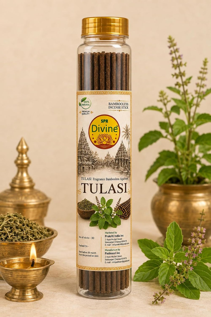 SPR Divine - Tulasi Fragrance Bambooless Incense Sticks | Premium Tulsi Agarbatti for Pooja, Prayer, Meditation & Home | 30 Sticks