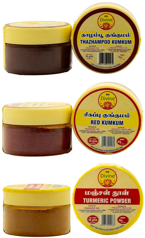 SPR Divine - COMBO - THALAMPOO KUMKUM/RED KUMKUM/TURMERIC POWDER - 30G EACH (PACK OF 3) SINDOOR | NATURAL | NO 11 | A++ GRADE | NONTOXIC | EASY TO APPLY | FESTIVAL |