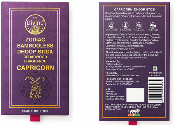 SPR Divine - Capricorn Zodiac Bambooless Dhoop Stick Cedarwood 30 Sticks | Hand Rolled, Charcoal Free, Chemical Free, Pack of 30 Sticks, For Pooja & Meditation