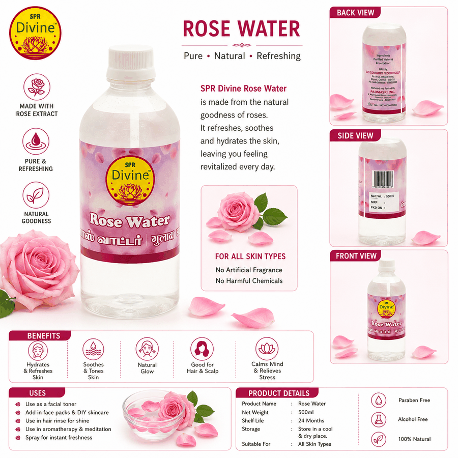 Rose Water 500ml - 100% Pure & Natural Gulab Jal for Puja View 2