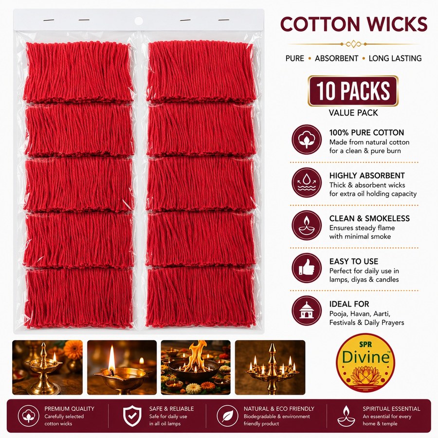 Sacred Red Cotton Wicks for Devi Pooja (10 Pouches) View 2